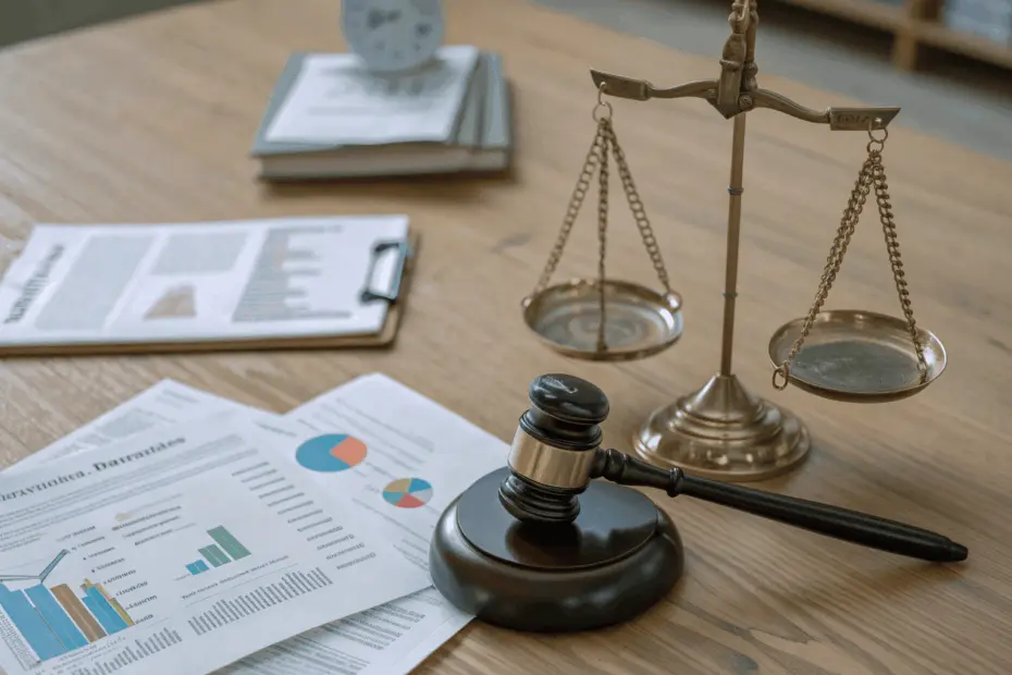 Mesa de escritório com documentos financeiros, martelo de juiz e balança da justiça, representando temas jurídicos e econômicos