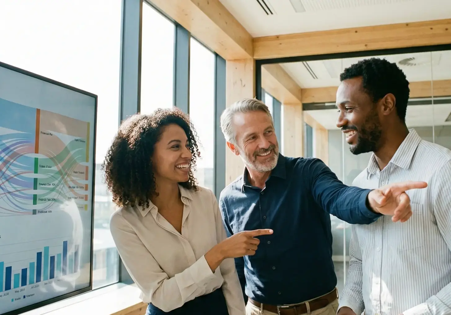 Três profissionais da área de FIDC analisam um relatório em conjunto com as tendências do setor