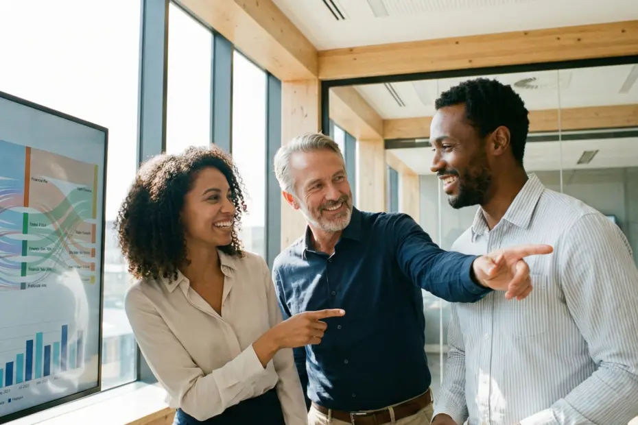 três profissionais da área de FIDC analisam um relatório em conjunto com as tendências do setor