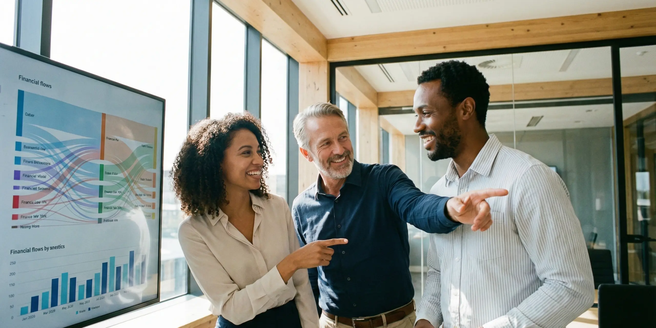 três profissionais da área de FIDC analisam um relatório em conjunto com as tendências do setor