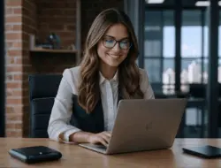 Mulher sorrindo enquanto trabalha em um notebook em uma mesa de escritório, com celular e tablet ao lado, em um ambiente moderno com parede de tijolos e estantes ao fundo.