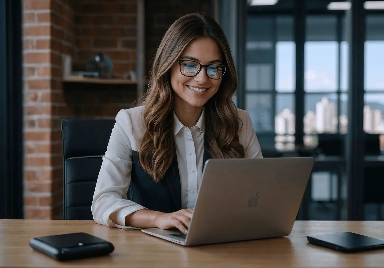 Mulher sorrindo enquanto trabalha em um notebook em uma mesa de escritório, com celular e tablet ao lado, em um ambiente moderno com parede de tijolos e estantes ao fundo.