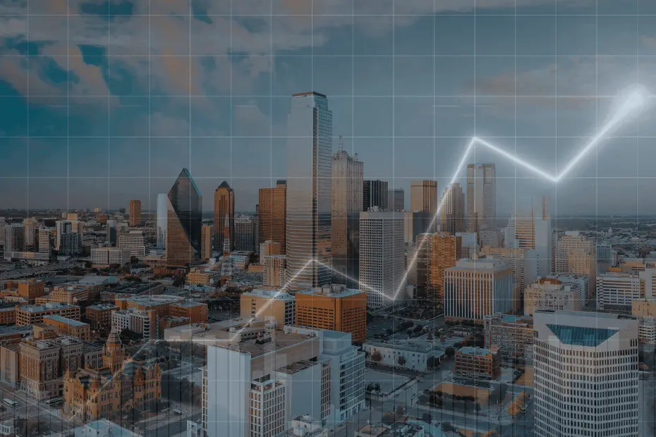 Vista aérea de uma cidade com prédios modernos ao entardecer, com uma linha gráfica crescente e grid sobrepostos, representando crescimento financeiro, análise de dados e expansão do crédito estruturado.