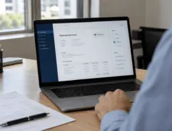 Pessoa utilizando notebook com uma duplicata escritural exibida na tela, em uma mesa de escritório com documento impresso e caneta.