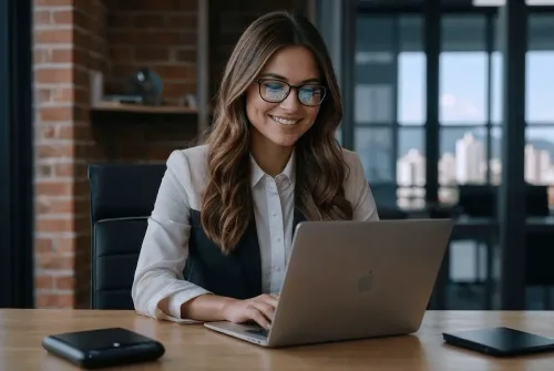 Mulher sorrindo enquanto trabalha em um notebook em uma mesa de escritório, com celular e tablet ao lado, em um ambiente moderno com parede de tijolos e estantes ao fundo.