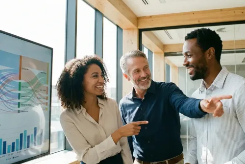 Três profissionais da área de FIDC analisam um relatório em conjunto com as tendências do setor